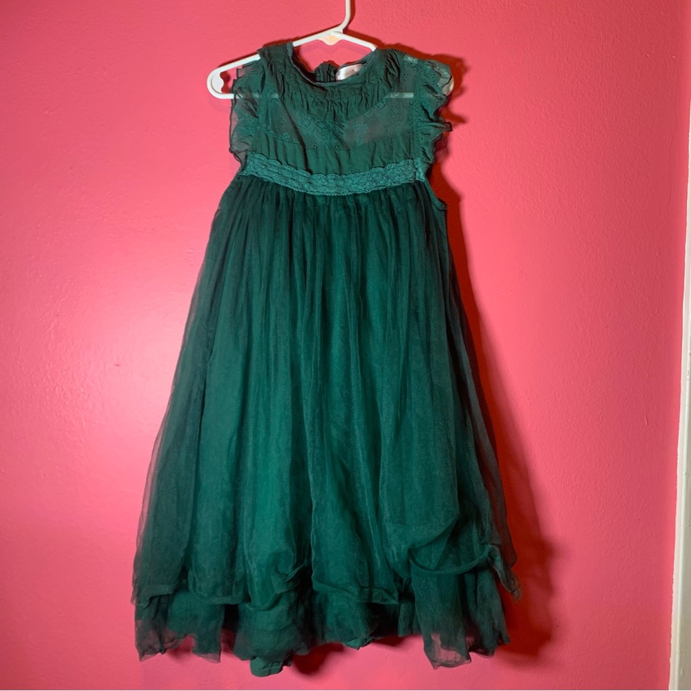 Girls' Dark Green Tulle Party Dress with Lace Waist